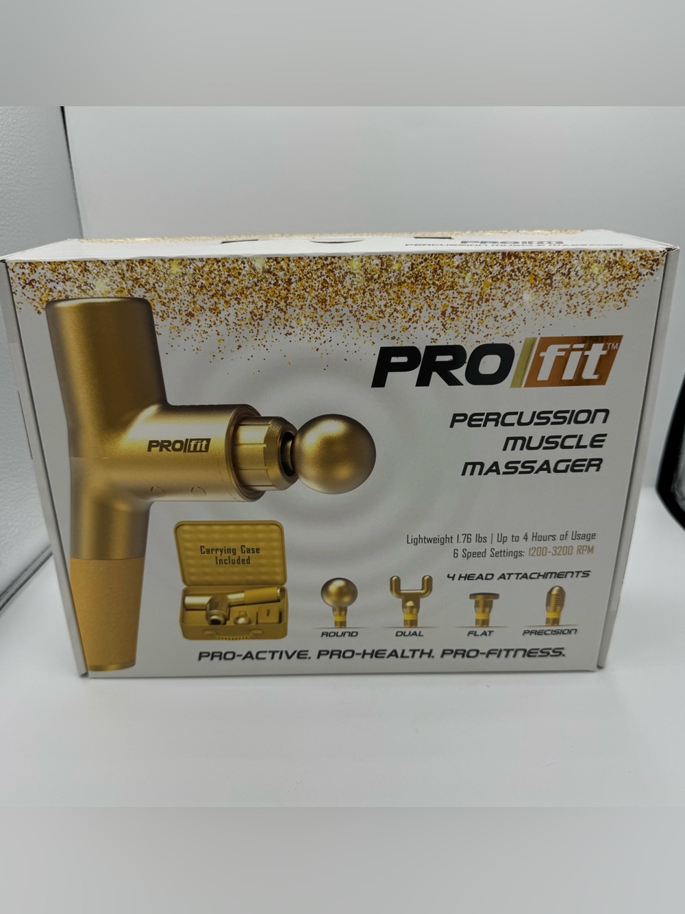 PRO Fit Percussion Muscle Massager; Gold tone, hand held, new in box, 4 Head